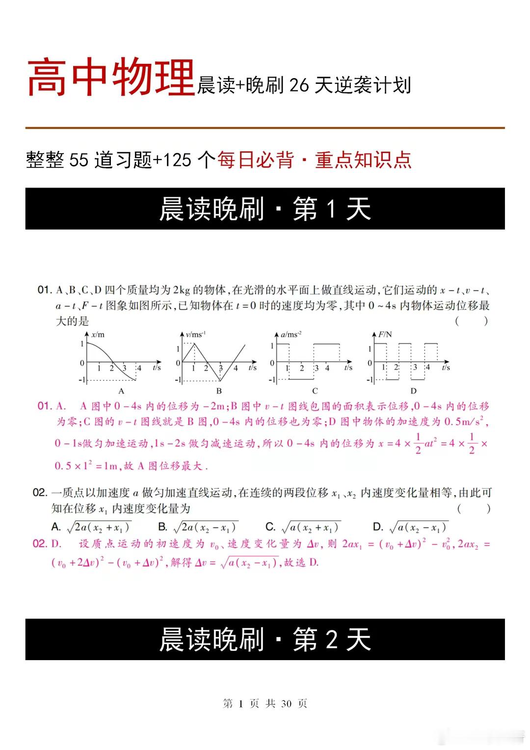 高中物理晨读晚刷逆袭计划，26天搞定三年重难点，基础差也能上85 