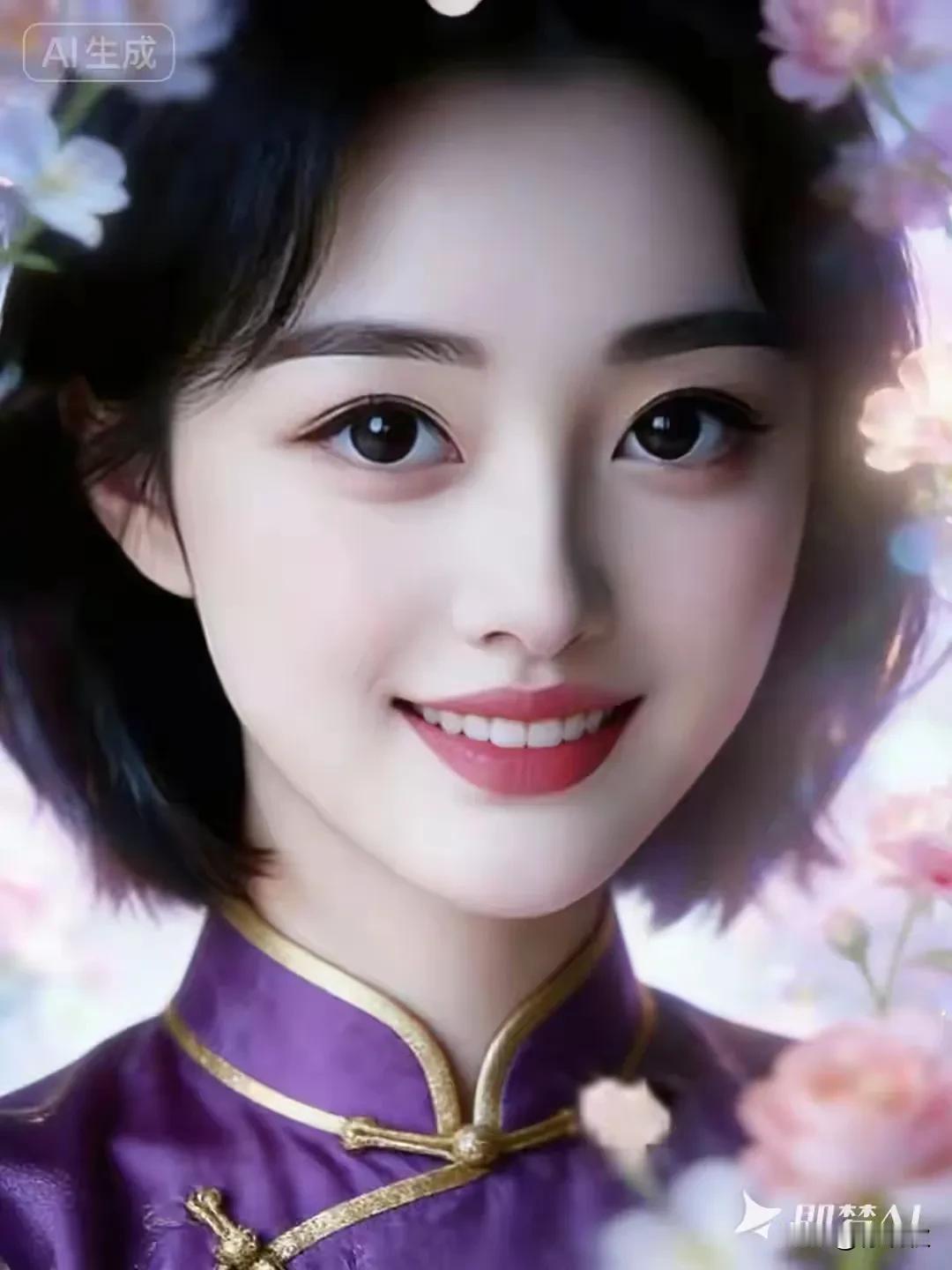 一点朱唇凝霞色，
紫襟金络衬娇娥。
花容月貌，气质如兰
朱唇皓齿，浓妆淡抹
出水