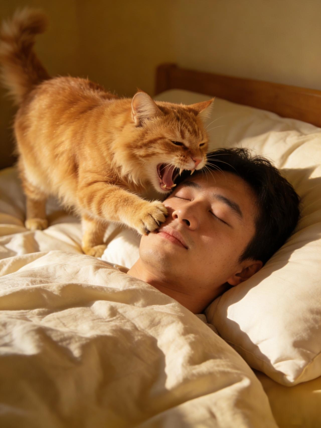 《我家猫咪的“叫醒服务”》

我家橘猫每天早上7点准会跳上床头，用毛茸茸的脑袋蹭