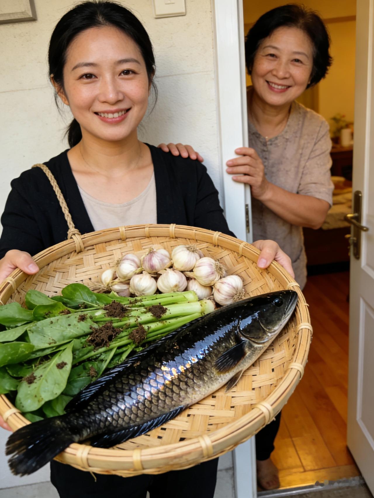 去高铁站接孩子，又去看老妈，带着自家种的菜、蒜，还有野生黑鱼，满满都是心意。
 