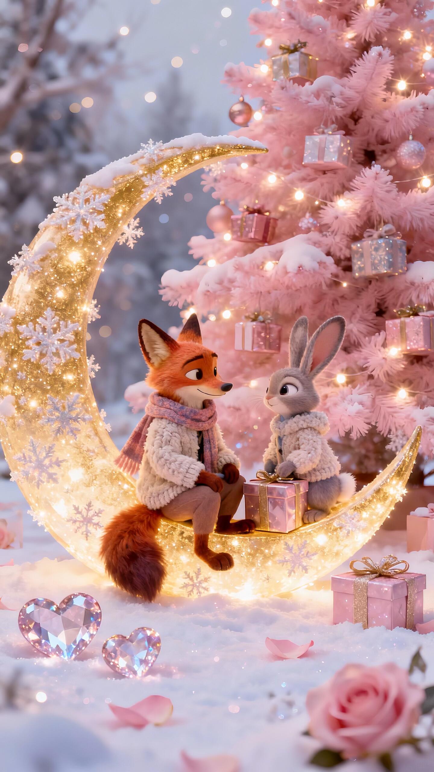 🦊🐰｜疯狂动物城｜壁纸 雪落满枝月光温柔成船 狐狸与兔子的圣诞夜 连风都裹着