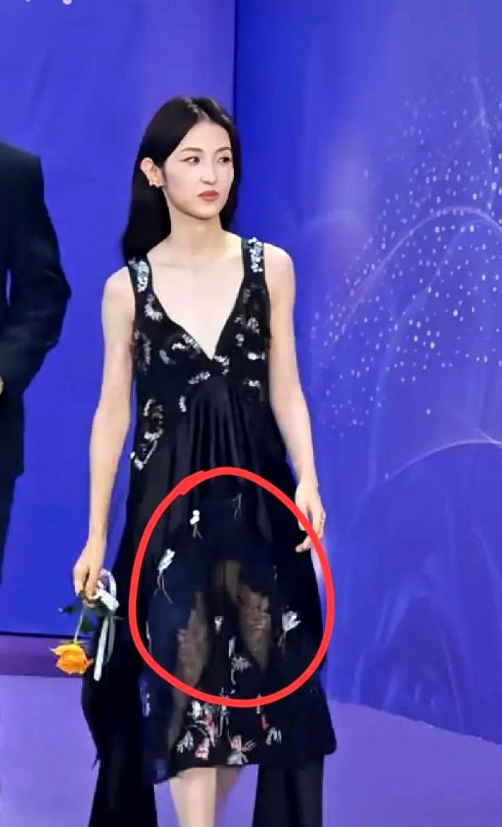 百花奖红毯上，张子枫那条黑色深V刺绣长裙一出来，争议就跟着来了。
裙身有珠绣，前