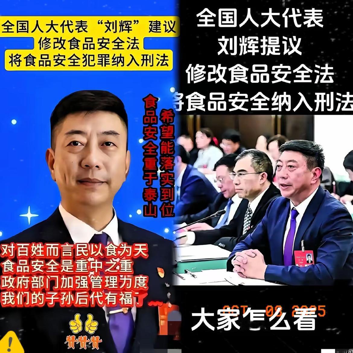 全国人大代表刘辉
提出了一个令人瞩目的提案，食品安全纳入刑法
全国人民都支持吧