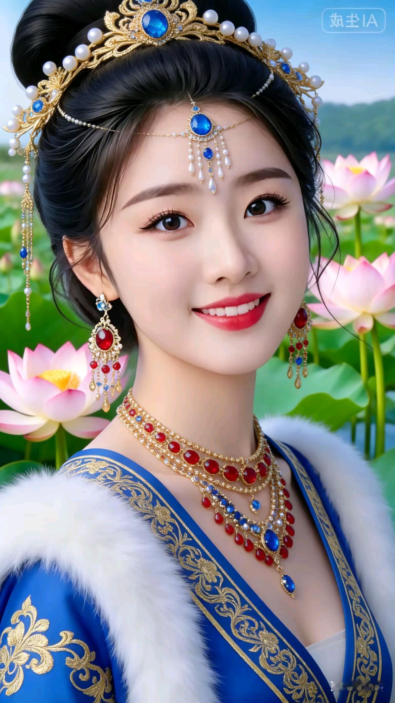 荷塘贵女
蓝袍金饰闪银芒，
满项珍珠宝石镶。
高髻盘梳彰雅量，
甜颜浅笑暖心房。