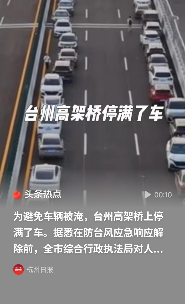 为防车被淹浙江台州高架桥停满车台风“巴威”逼近，市民将车辆开上高架避险，是朴素的