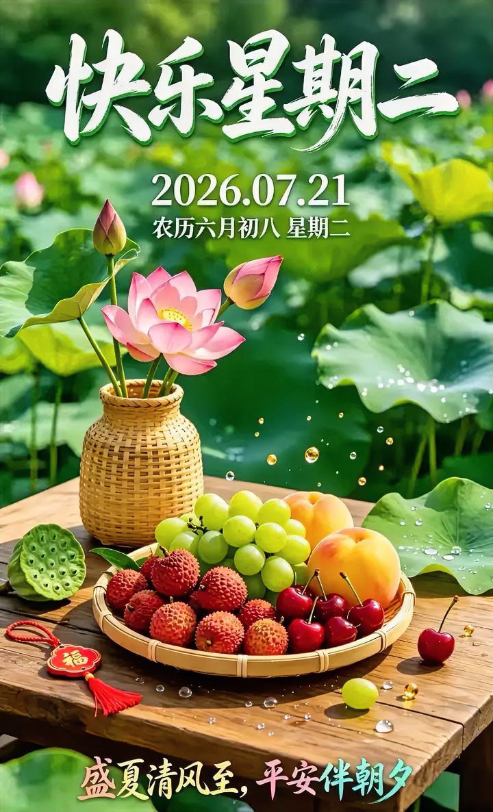 快乐星期二！盛夏荷花香，鲜果甜蜜蜜，愿这份清凉与平安，治愈你整个夏日。
打卡早安