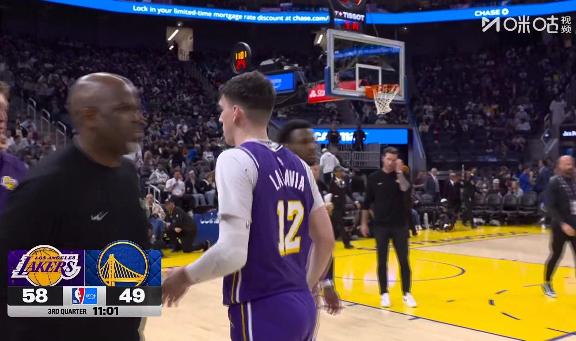 湖人下半场开局，打出5-0，勇士暂停。 