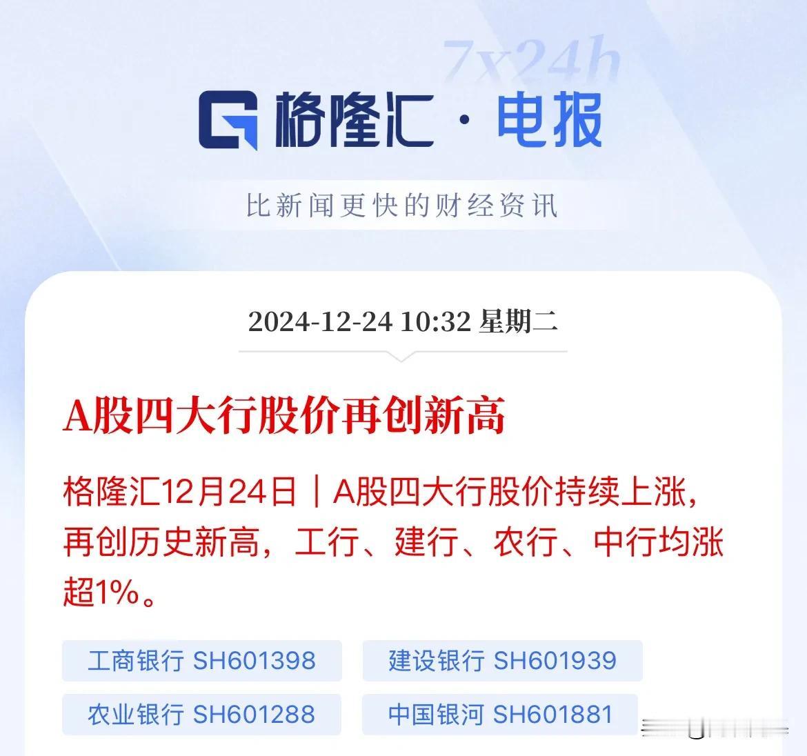真难啊！跨年行情的“行”原来是银行

A股四大行股价周二再创历史新高，

银行板