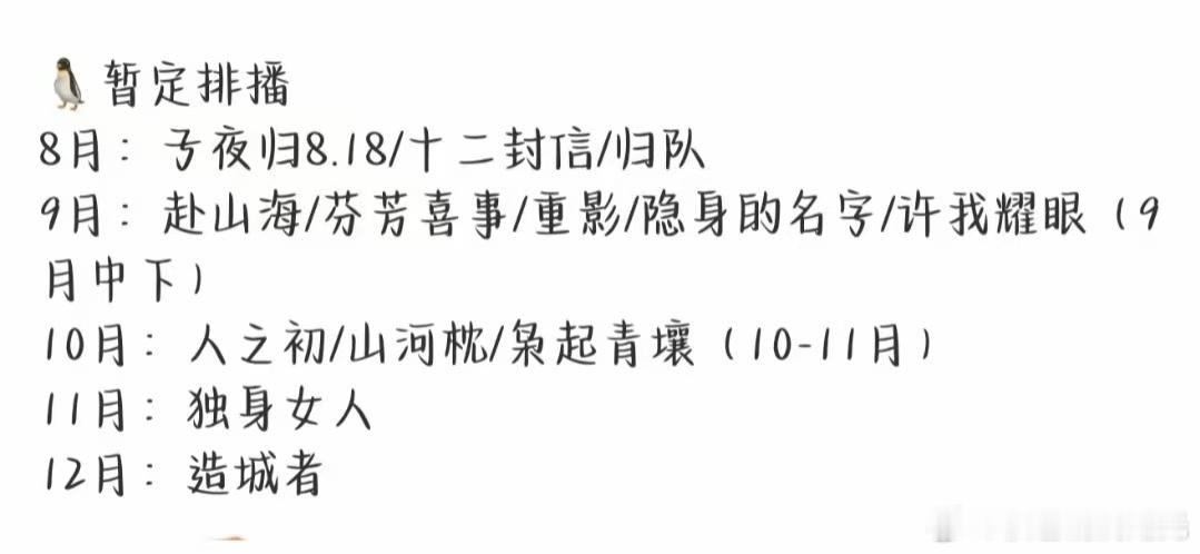 🐧排播🍉8月：许凯 田曦薇 子夜归8.18周翊然 王影璐 十二封信胡军 李乃