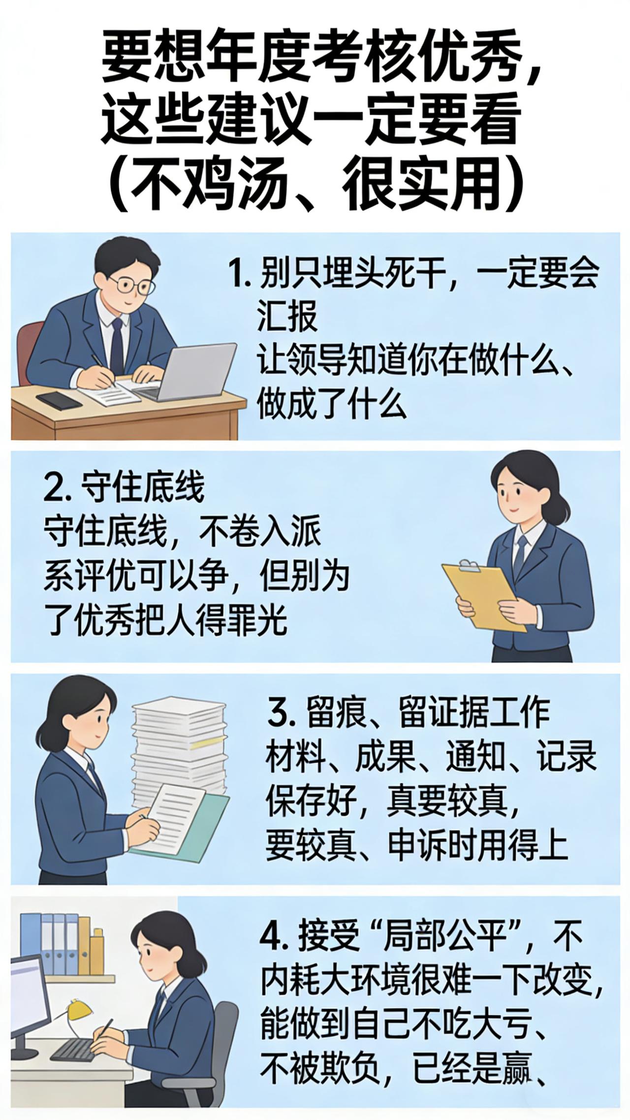 要想年度考核优秀，这些建议一定要看（不鸡汤、很实用）
1. 别只埋头死干，一定要