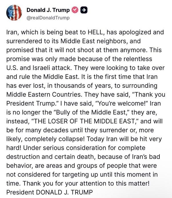 最新消息：特朗普的赢学再一次应用“伊朗已经投降”

正遭受沉重打击的伊朗已表示道