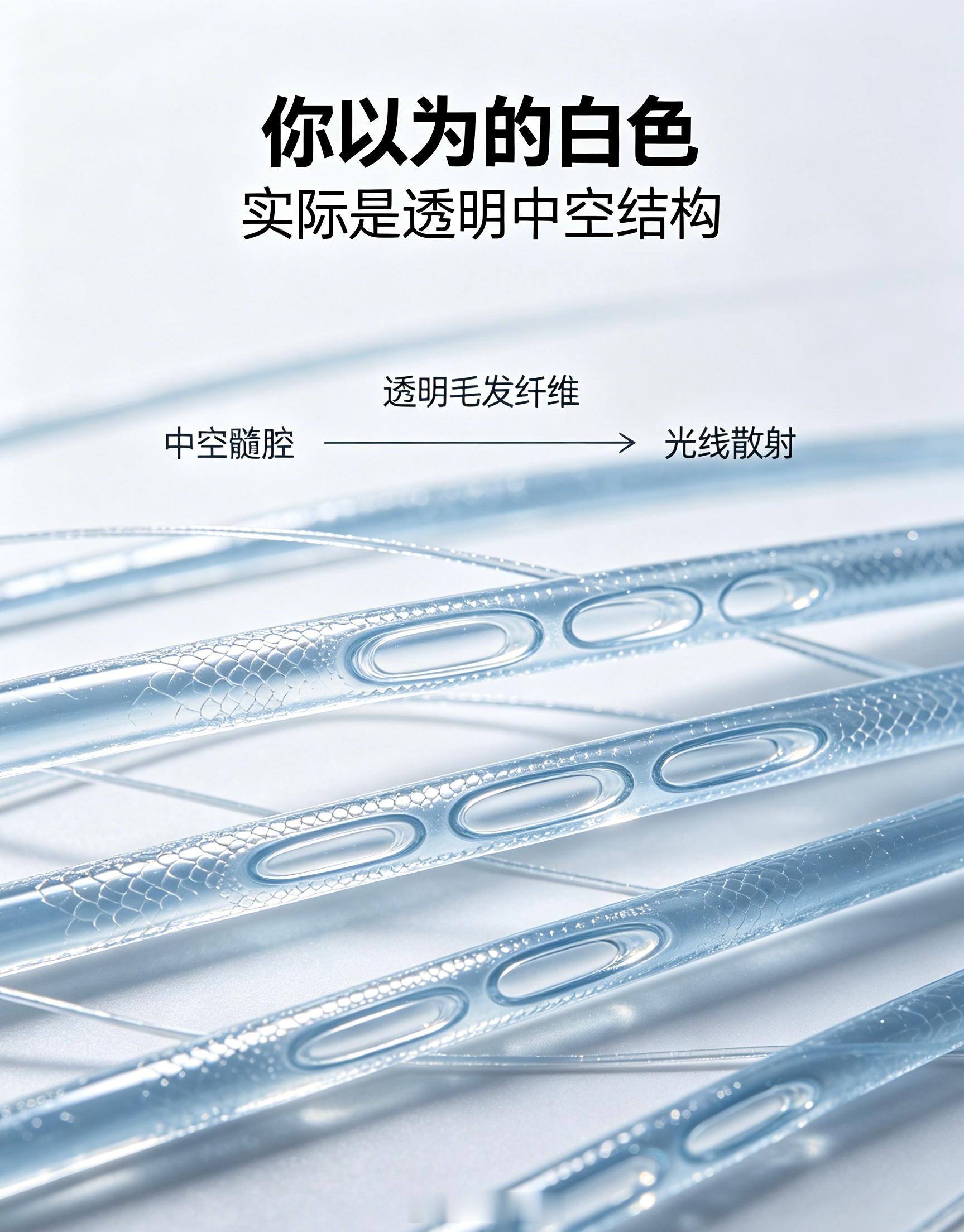 北极熊的毛不是白色的，是透明中空的。每根毛发像一根微小的“光导管”，能把阳光散射