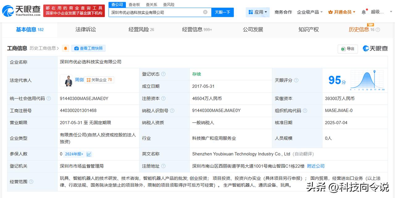 【优必选旗下深圳实业公司增资至4.65亿 增幅18%】
天眼查App显示，近日，
