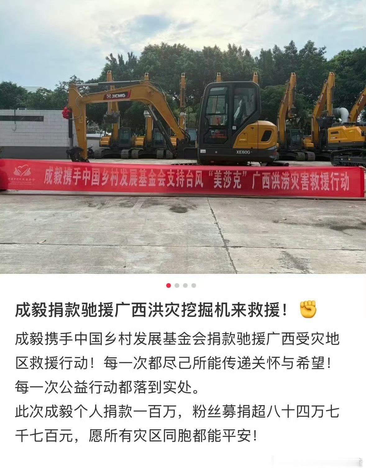 成毅携手中国乡村发展基金会调配挖掘机参与抗洪抢险。此次成毅个人捐款一百万，粉丝募