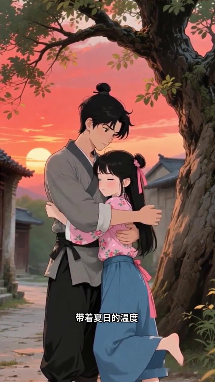 夕阳染红了天边，哥哥站在村口的老槐树下望着远方的小路。妹妹提着竹篮从田埂上跑来，