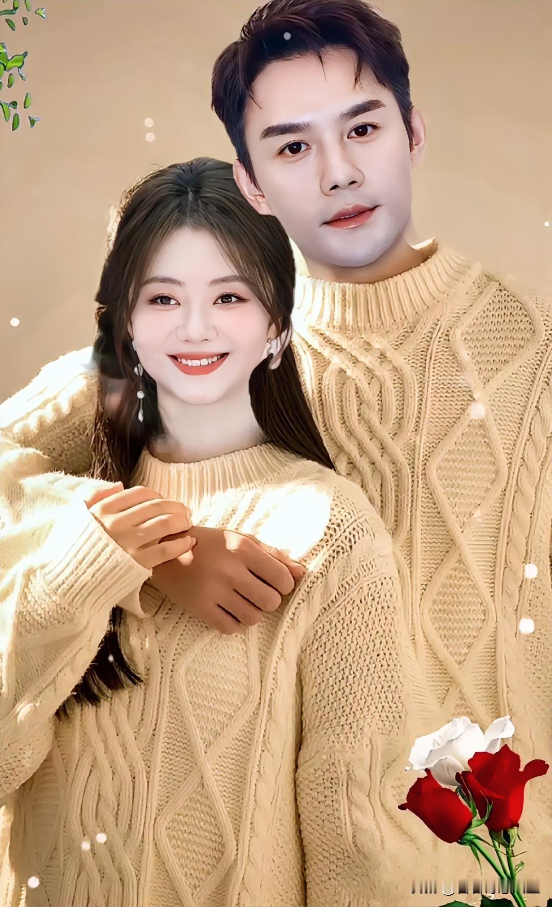 阳光和煦的冬日，两人相依相偎，二搭穿着不同服饰的毛衣温暖与玫瑰的热烈相映幸福感，