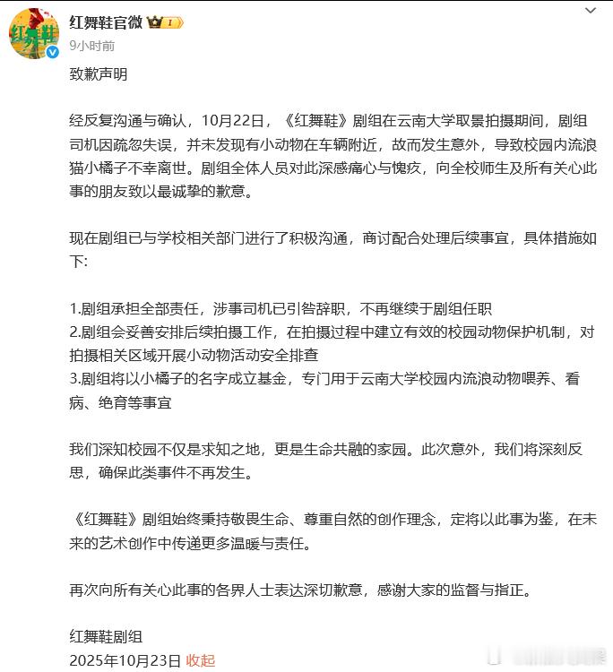 红舞鞋剧组回应撞猫事件红舞鞋致歉声明 网传《红舞鞋》剧组车辆在云南大学拍摄期间撞