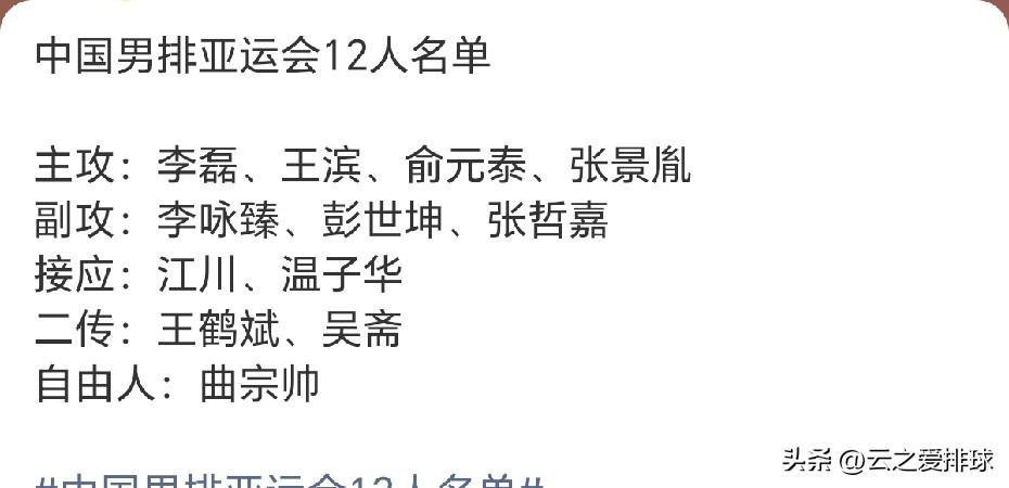 新鲜火热出炉的亚运会中国男女排12人大名单！
如图1，图2！
这次名单公布的挺快