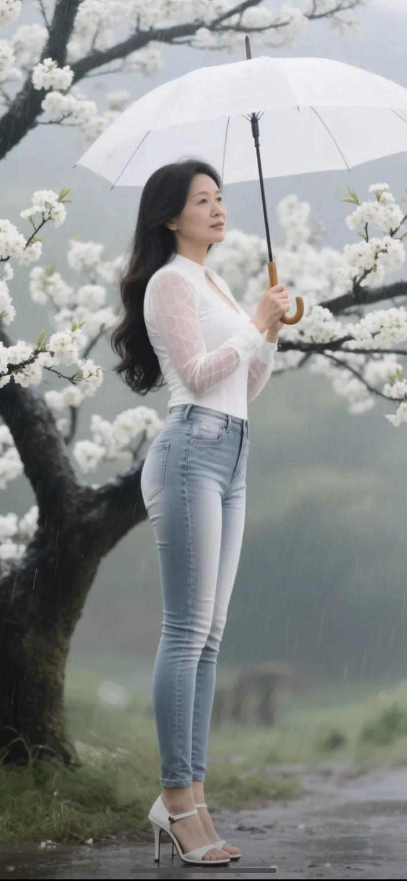 雨中漫步，撑伞漫步在花海中，唯美浪漫。