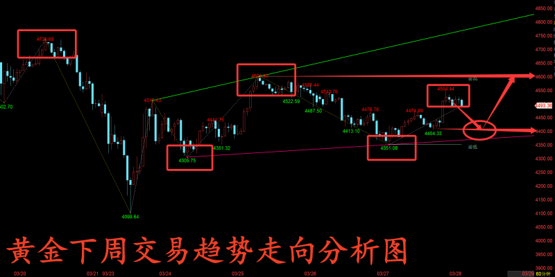 本周黄金市场其实整体波动还是比较大，上下可谓是来回触及了近500个点的空间。像本