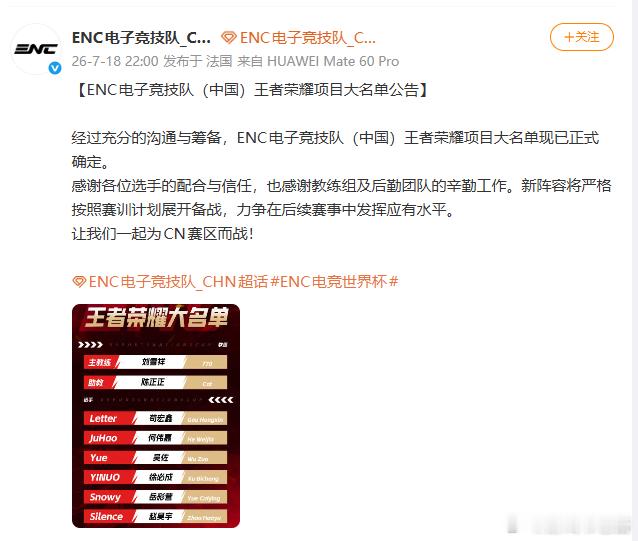 ENC王者荣耀大名单终于等到完整大名单，由教练选拔组建的王者国家队全员就位，期待
