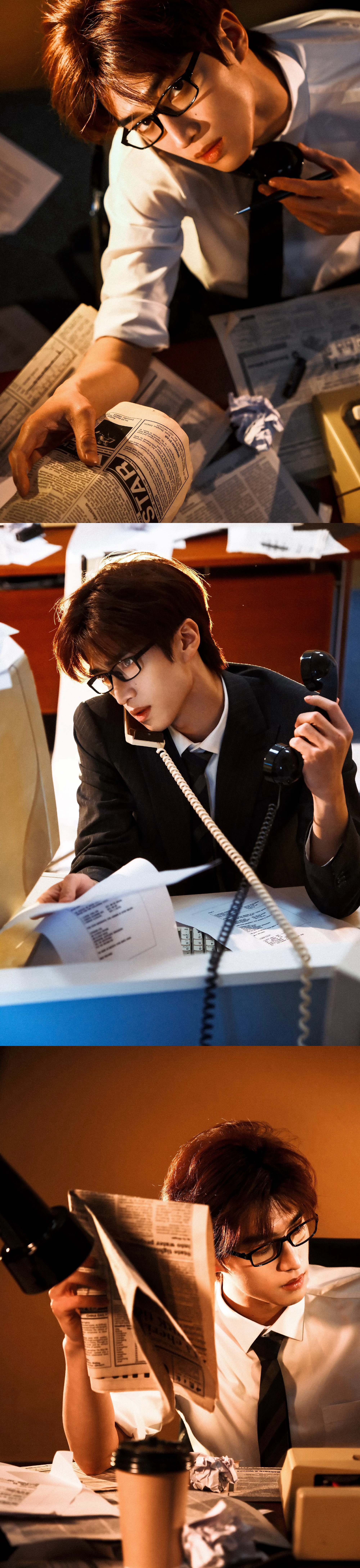 张康乐  一组新造型大片，“疯魔”社畜角色，前后情绪的强烈反差，带着凌厉的故事感