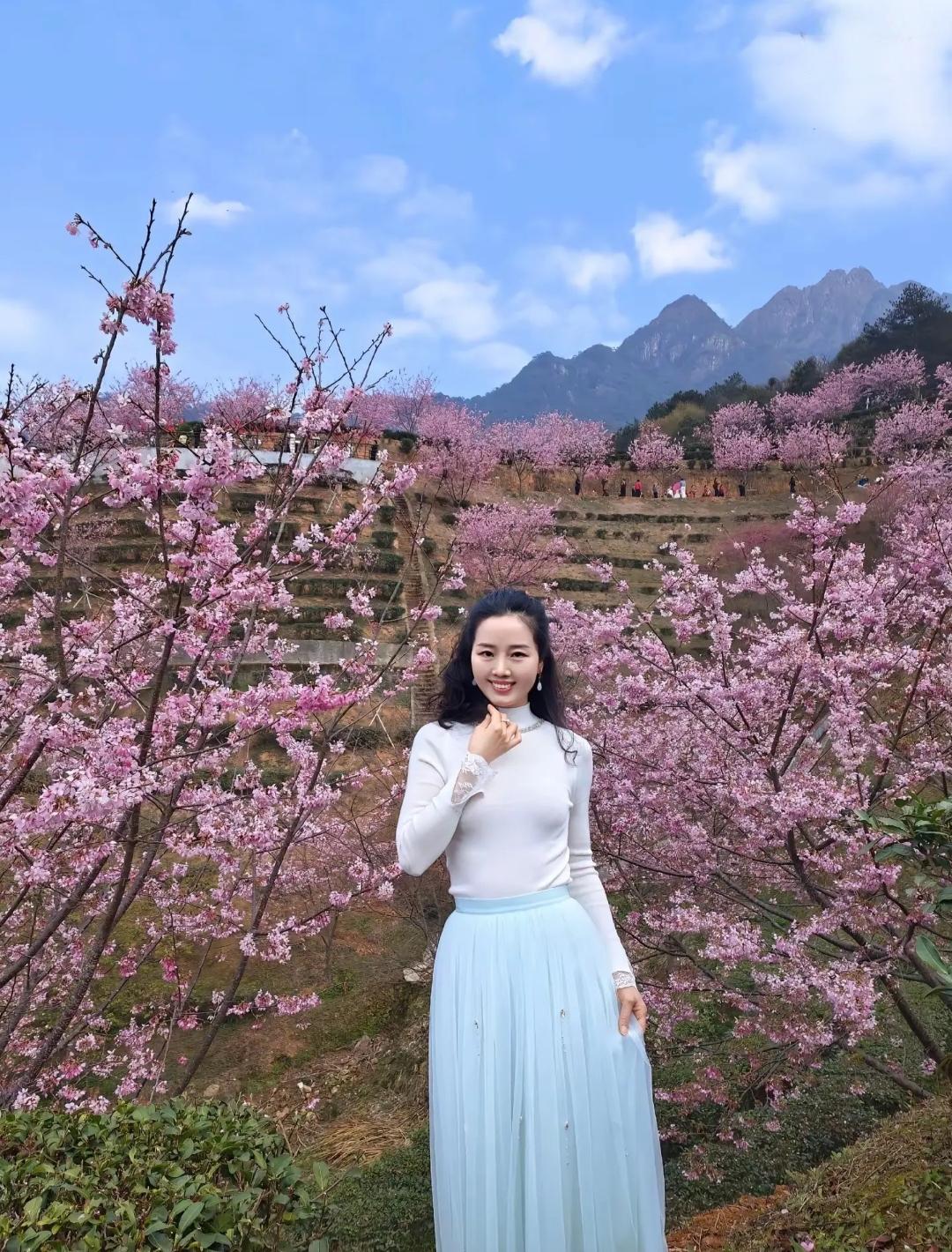 春日赏花游，粉嫩桃花海，笑靥如花间