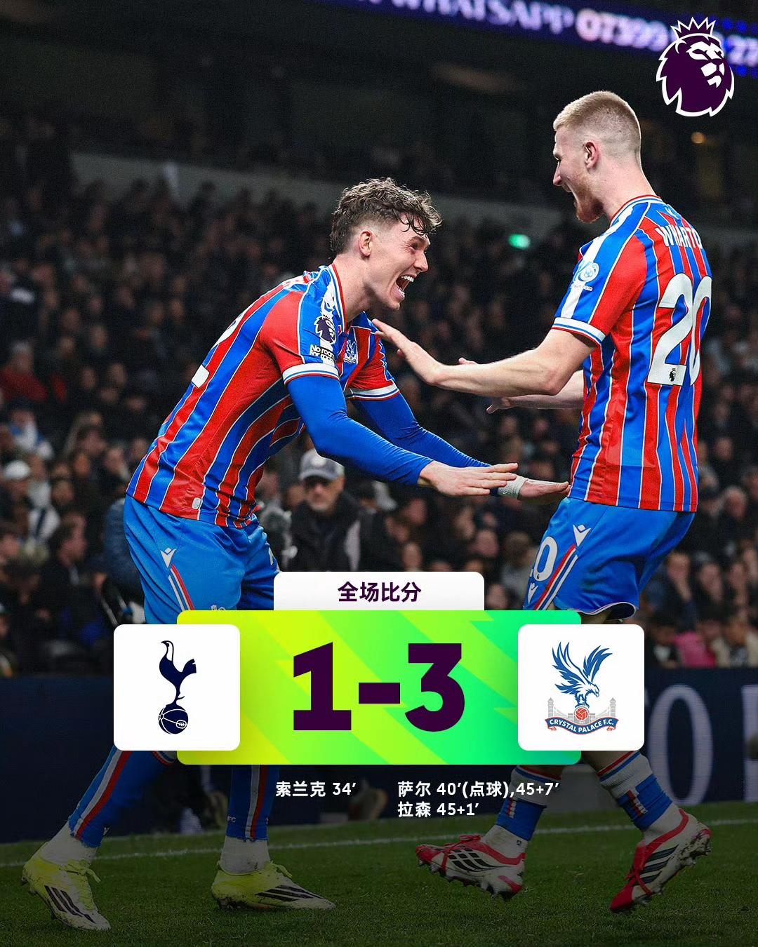 不算冷门的冷门！5连败+11轮不胜俯冲降级，热刺1-3主场不敌水晶宫。仅高出降级