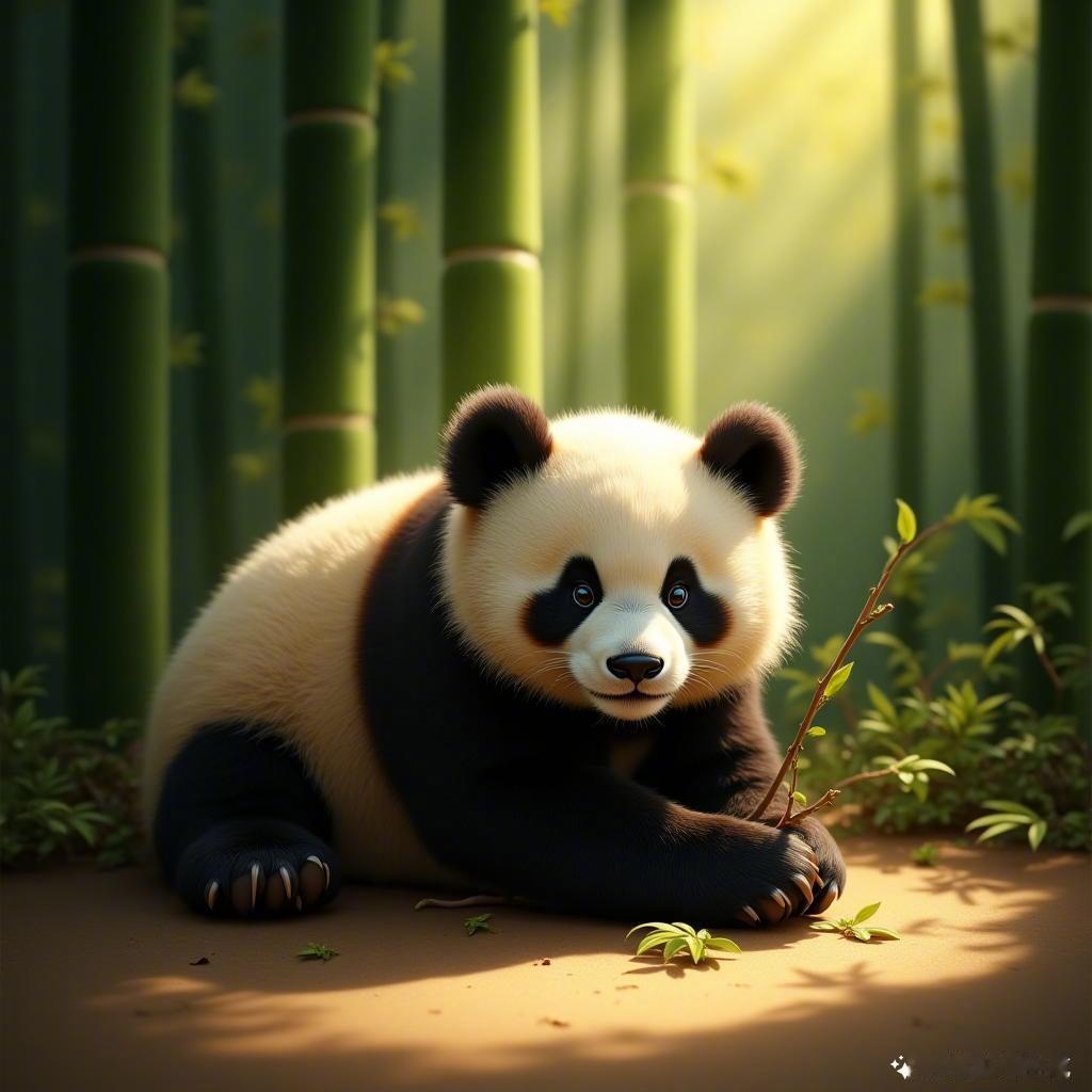 熊猫在竹林中懒洋洋地享受阳光，真是可爱到心都融化了！🌿🐼☀️  熊猫   萌