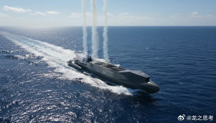 军事装备。某大国正在研制新一代军舰，这是一艘配备导弹的半潜式无人舰艇。某地造船厂