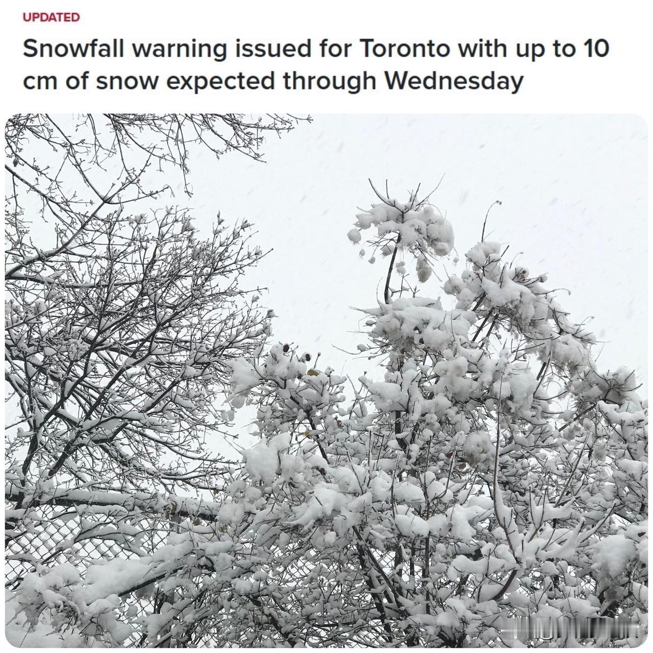今天大雪再结冰，多伦多已发布黄色降雪预警！

两股“阿尔伯塔风暴”中的第一股正开