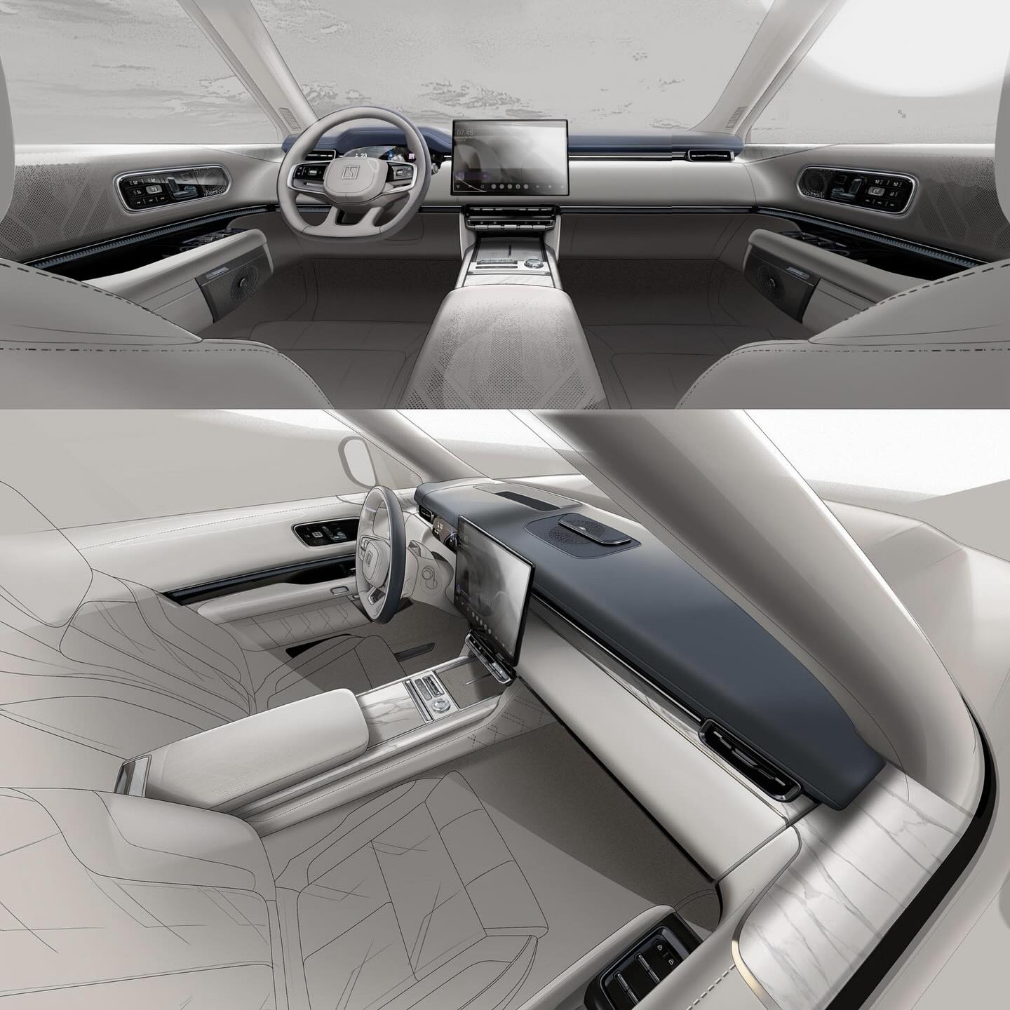 极氪内饰设计师查尔斯·特雷洛根贴出了一张CS11/CH11内饰的手稿（图1），绘