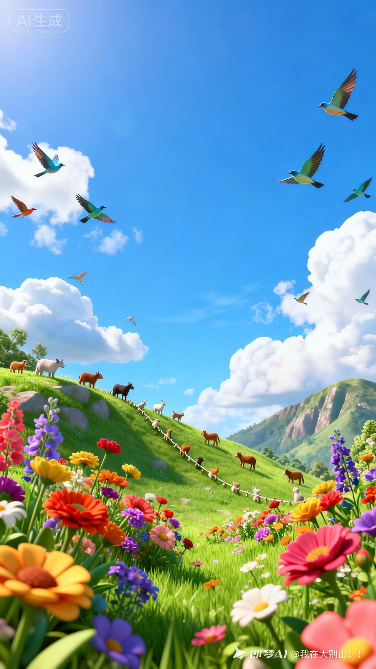 梦幻田园，牛羊成群，色彩斑斓，AI生成。