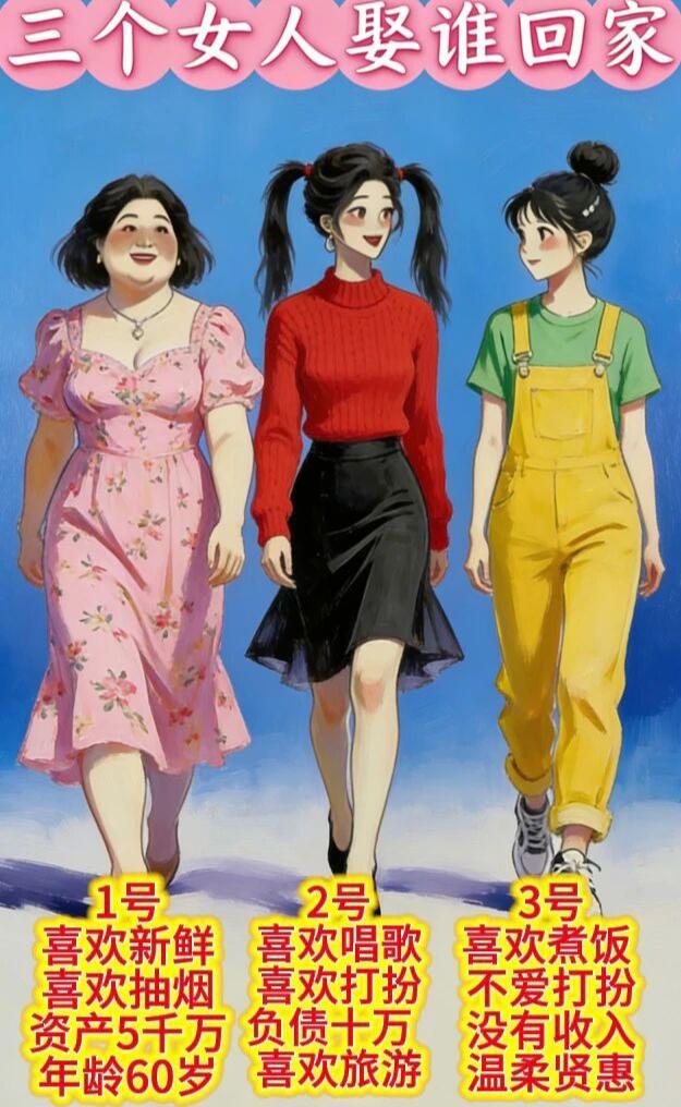 要是从下面这三个女人里挑一个当老婆，你会怎么选呢？
1号是富婆，只是年纪偏大。