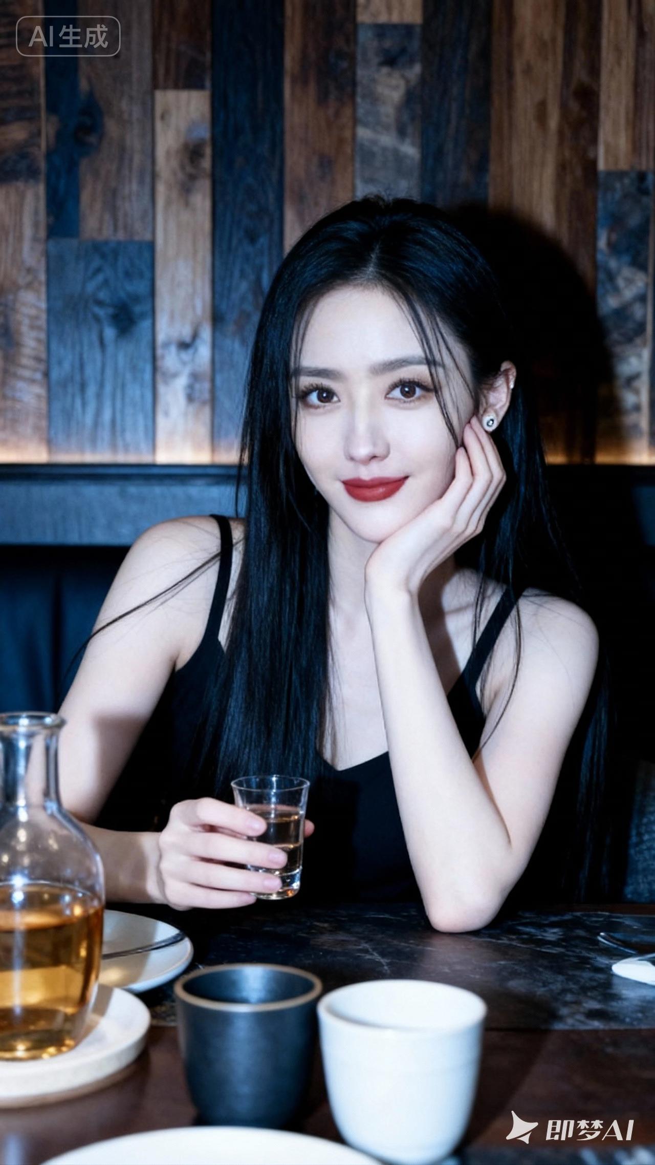 夜晚的酒吧，微醺的时光，黑裙女孩的温柔微笑