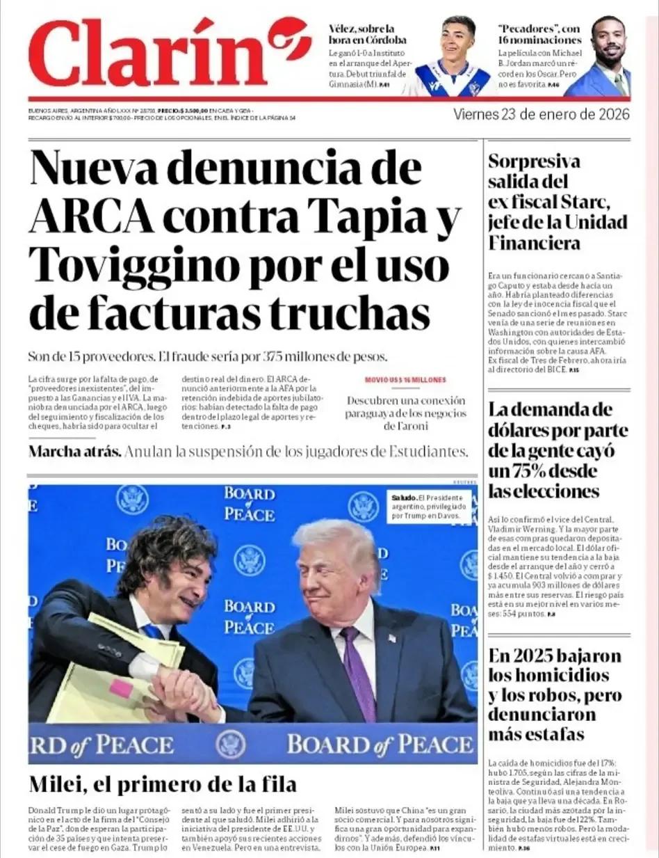 阿根廷《号角报》头版报道称，这位阿根廷总统米莱，在达沃斯受到特朗普的优待。
 唐