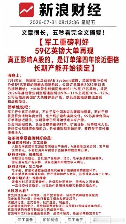 利好！重磅利好！军工订单再现59亿英镑大单！真正影响A股的，是订单簿四年接近翻倍