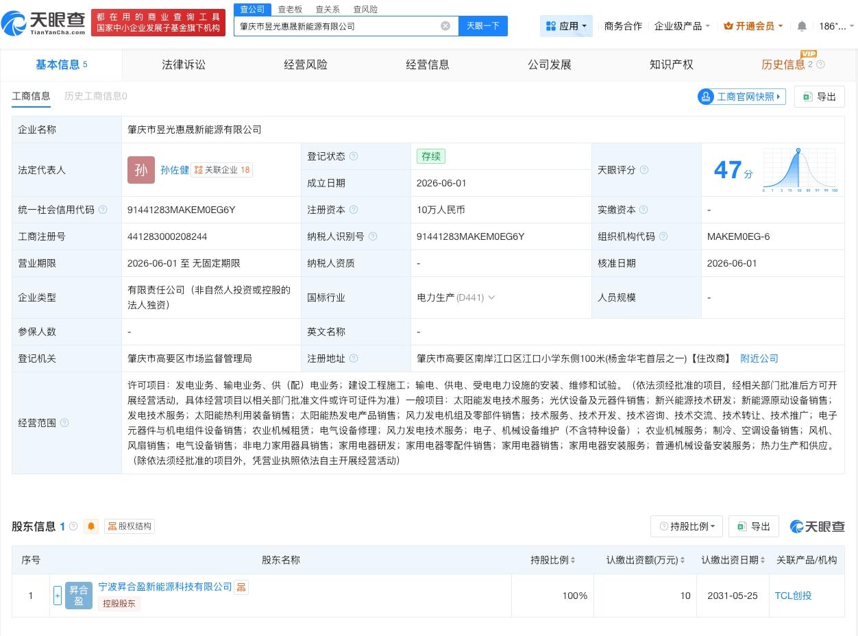 TCL实业控股在肇庆成立新公司

天眼查App显示，近日，肇庆市昱光惠晟新能源有