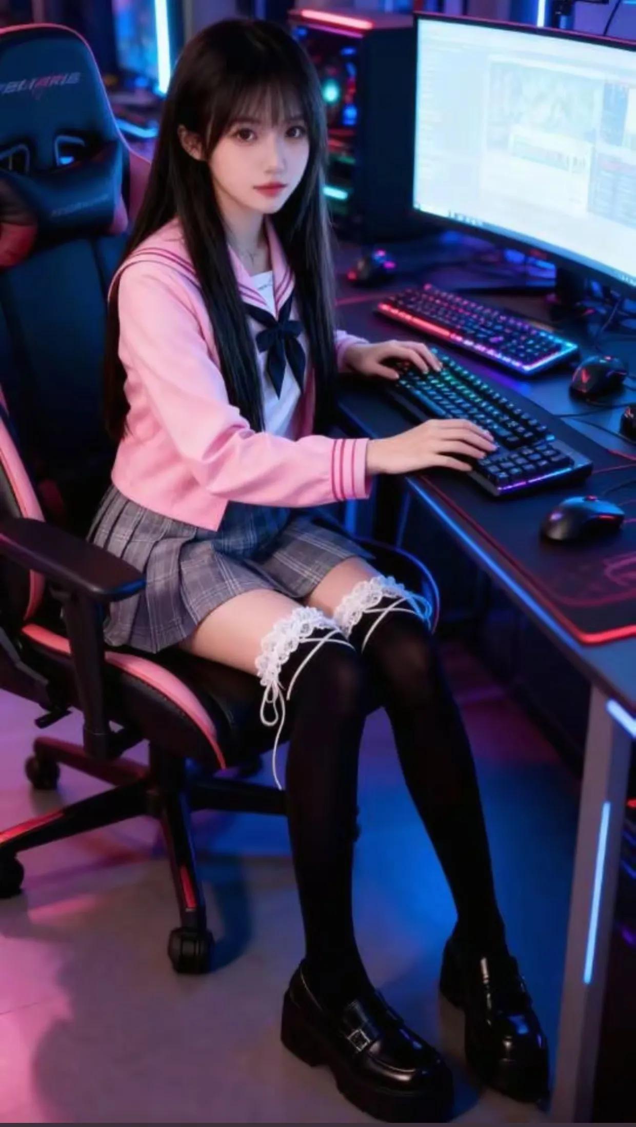 “少女心爆棚的电竞少女，粉色外套搭配黑丝袜，谁说电竞不能可爱？”💻💖🎮黑丝