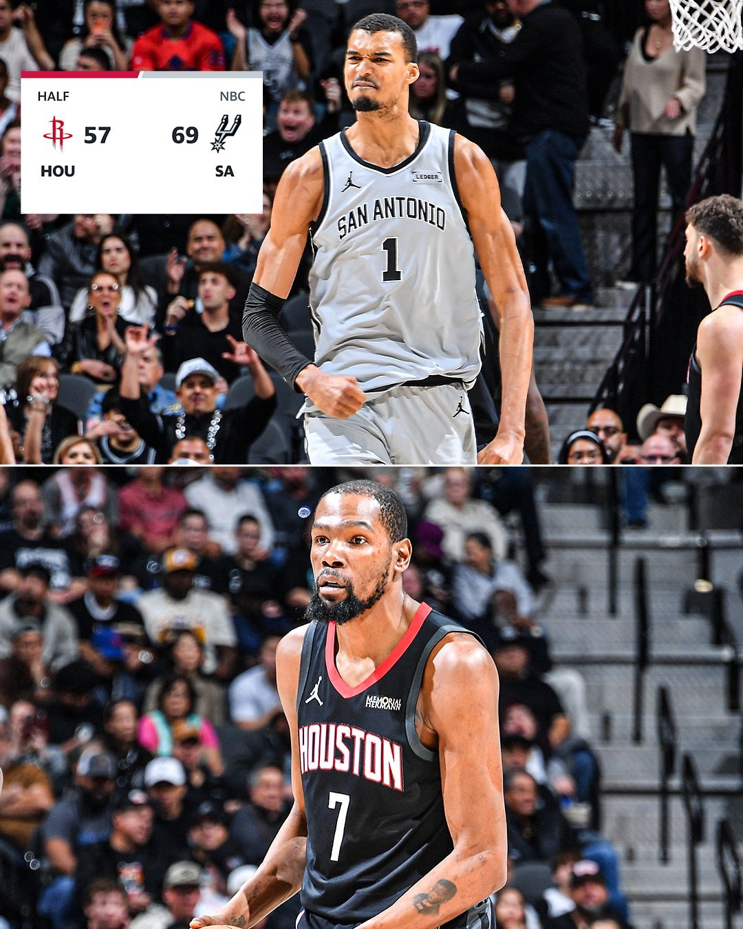 文班的防守威慑力过于恐怖，KJ对于KD的无球缠斗立了功，马刺两个被火箭视为不能投