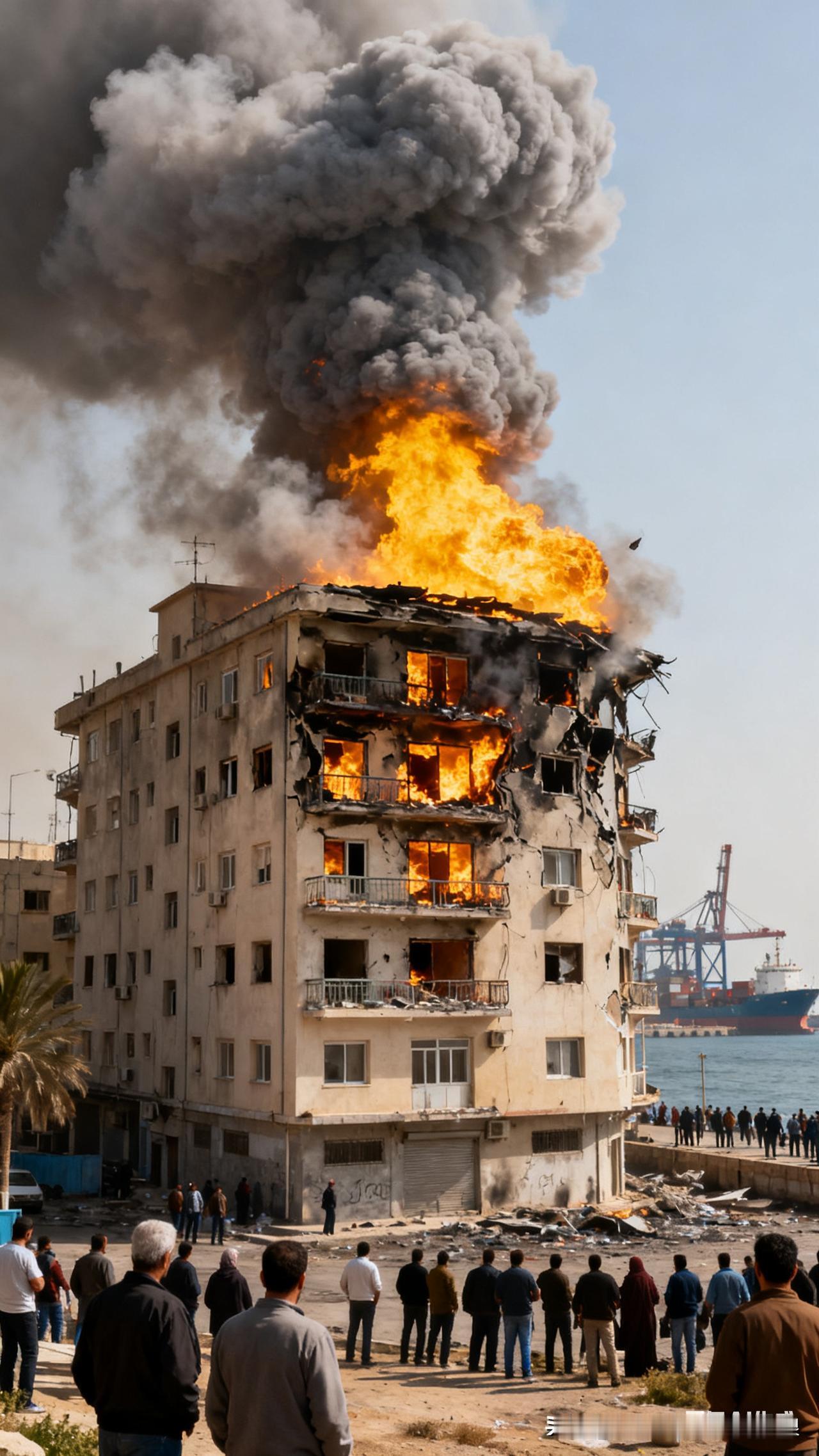 突发！伊朗阿巴斯港的一栋八层楼房突然炸了，威力还不小，直接把楼的两层都毁了，旁边