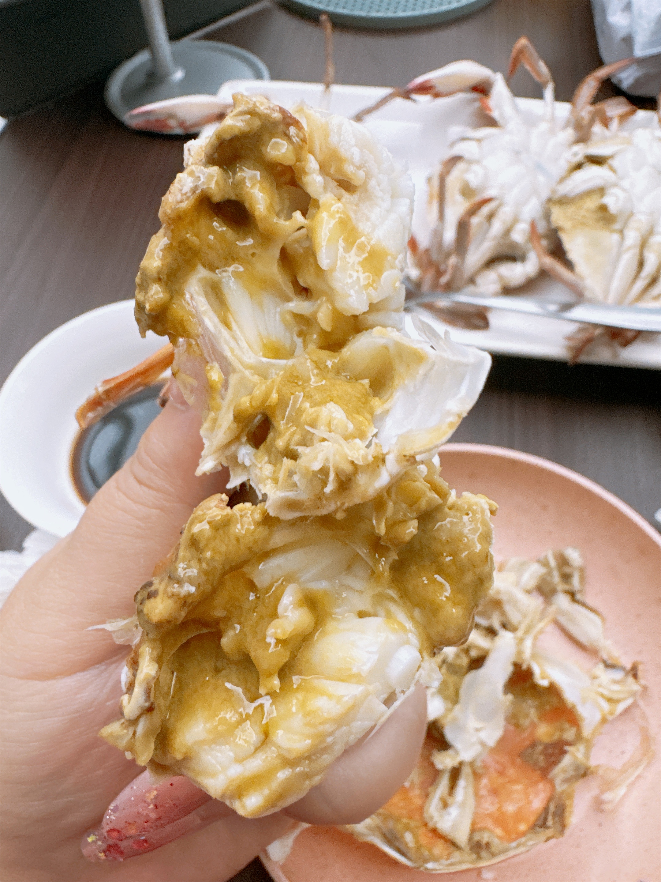 今年的第一波梭子蟹，吃上啦，小娘蟹个头不大，胜在肥美，酱油兑一点康乐醋蘸蟹肉，那