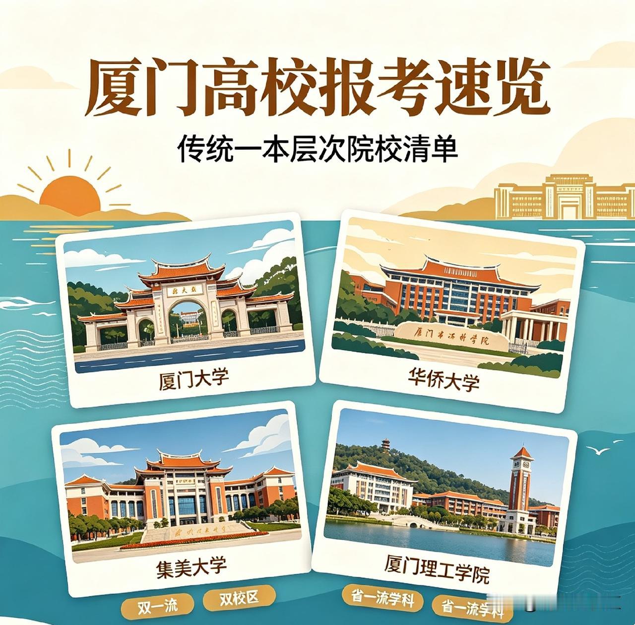 厦门到底有几所一本大学?
录取分数线在特控线以上的有：
1.厦门大学（985高校