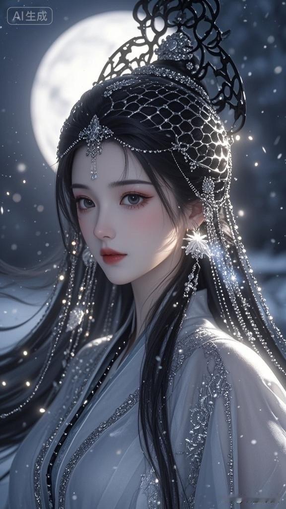 梦幻古风美人，月色下的绝美侧颜