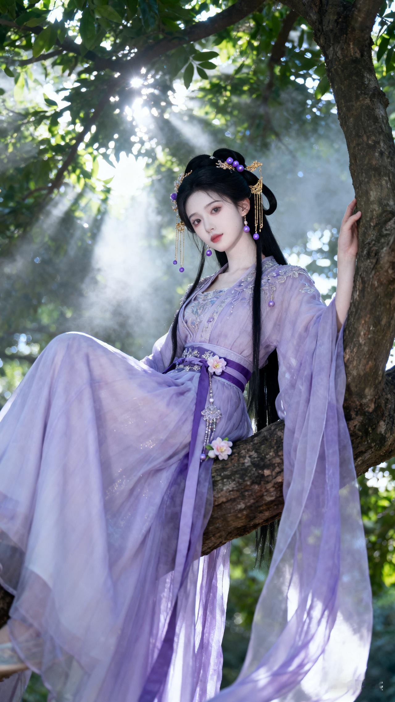 仙气缭绕的紫色古风女子，树间轻纱飘逸，宛如仙境。