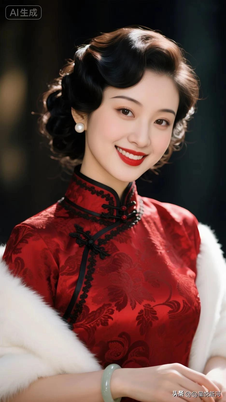 嫣然一笑百媚生，
恰似春风拂柳轻。
旗袍雅致衬娇容。
红底牡丹竟风情。