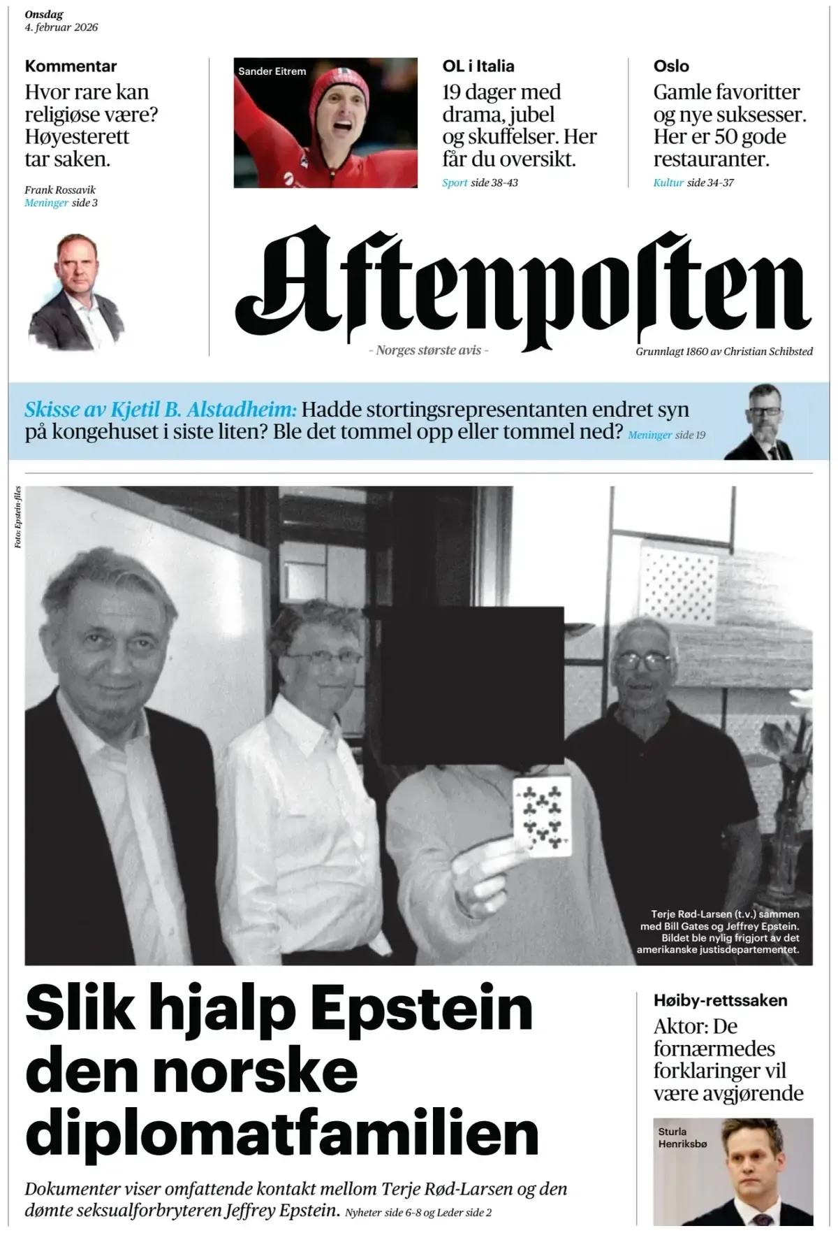 挪威《晚邮报》头版报道称，挪威外交官家庭 ，文件显示泰耶·罗德-拉森与被定罪的性