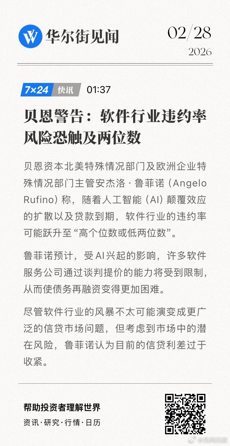 贝恩警告：软件行业违约率风险恐触及两位数。  网页链接 (来自