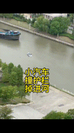 近日苏州，一小汽车，刹车当油门，撞护栏掉进河里，刚好遇上运输船经过，还好船主动让