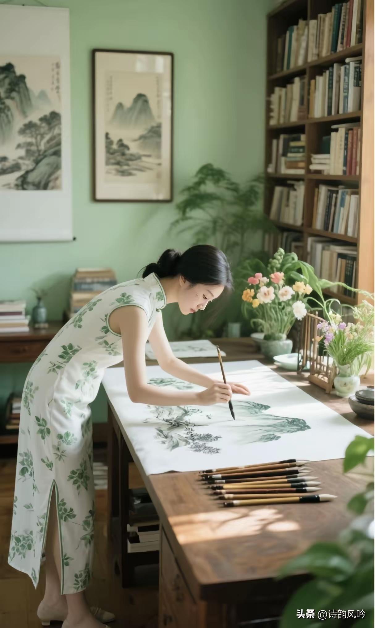 题书窗
旗袍轻曳映窗纱，
素纸铺陈染墨华。
心向青山描秀色，
笔端风月自无瑕。